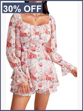 Off Shoulder Floral Romper Long Sleeve Ruffle Tie Back Mini Jumpsuit